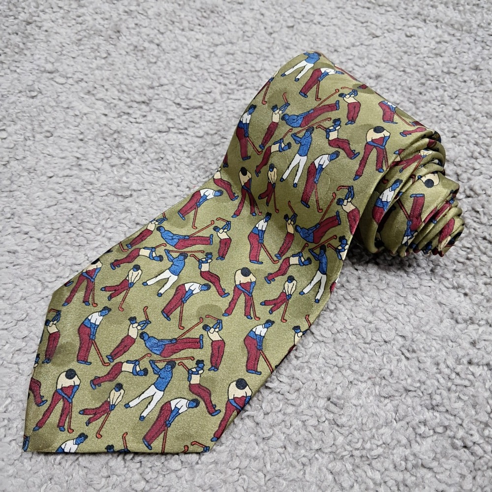 Enigma Hand Made‎ Mens Golf Print Necktie Olive Green Novelty Tie Polyester